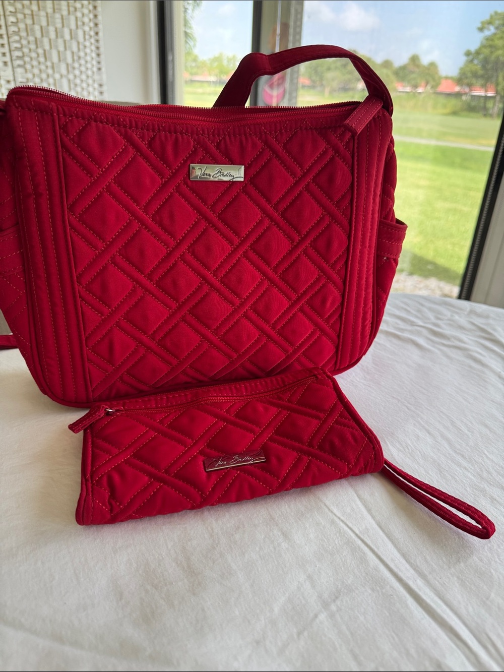 Vera Bradley Quilted Red Crossbody Bag with Matching Wallet.  11”x9”x4”.